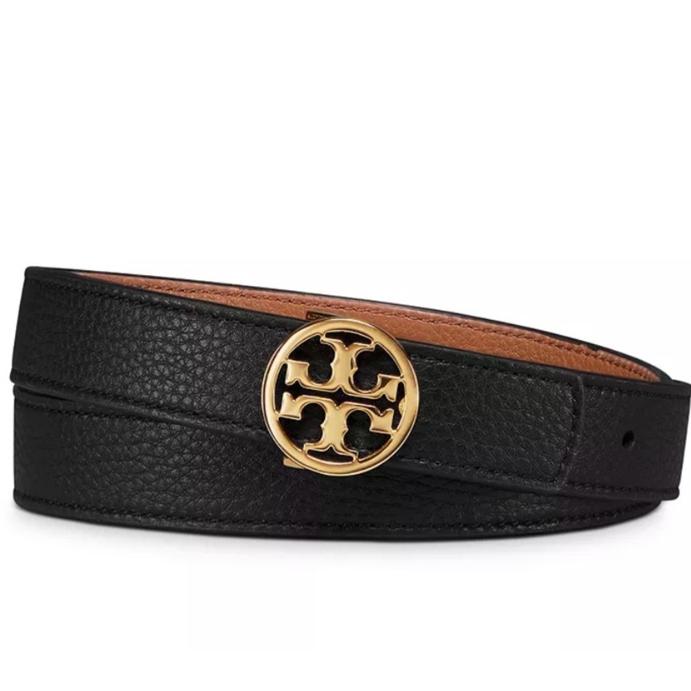 Tory Burch 1” Reversible Leather Logo Belt Black/Brown/Gold